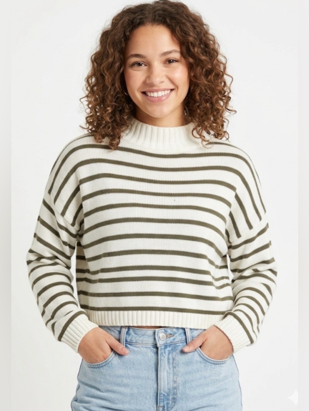 White & Olive Striped Mock Neck Women's Sweater